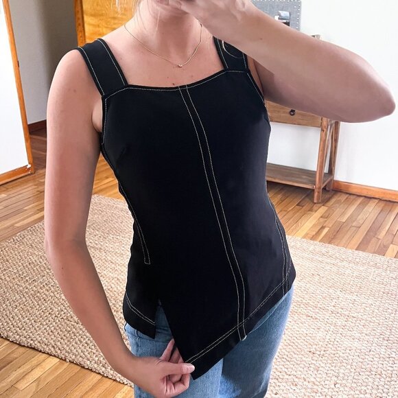 GREY Jason Wu Black Contrast Stitched Boxy Asymmetrical Designer Tank Top 4 - Picture 1 of 6